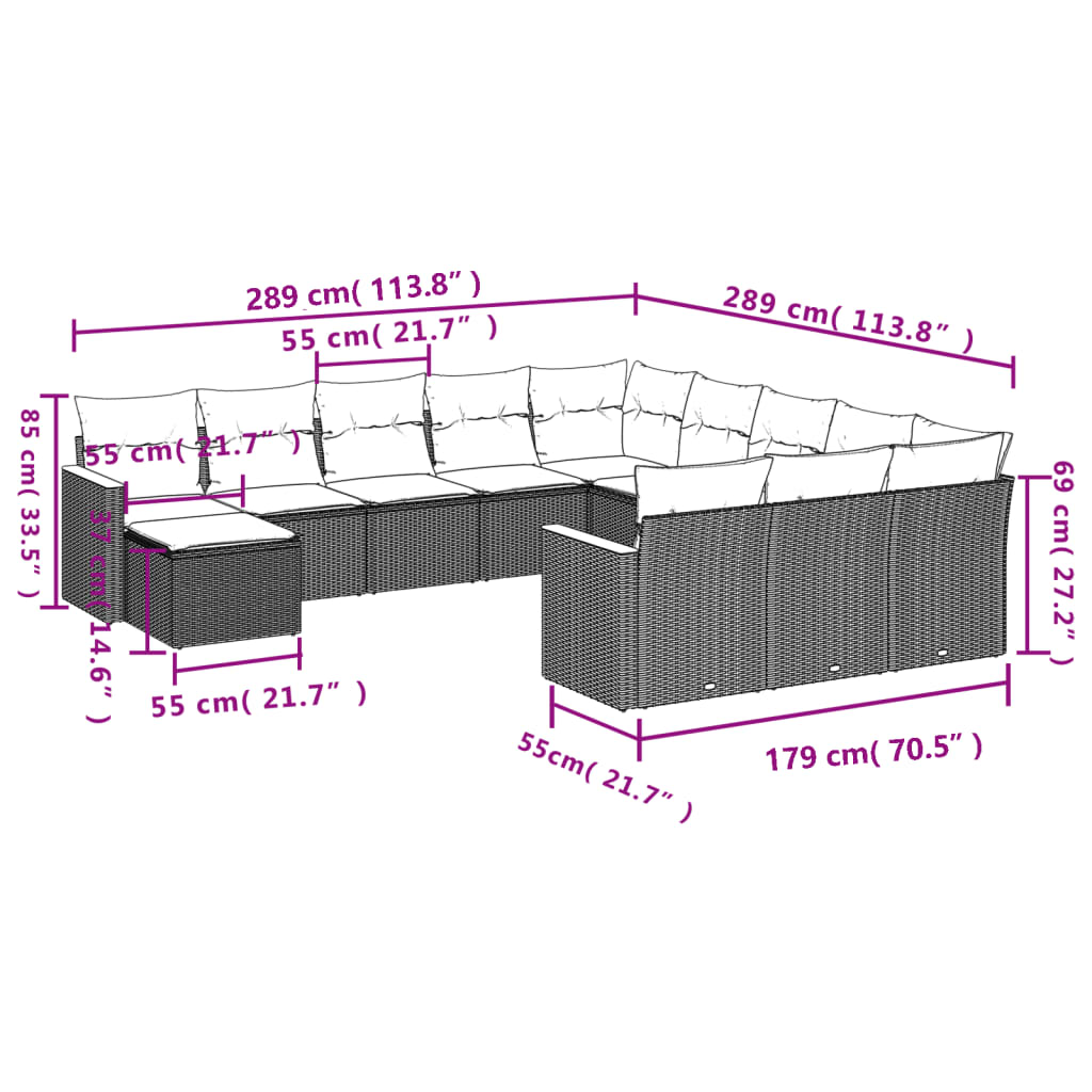 12 pcs conjunto de sofás p/ jardim com almofadões vime PE bege