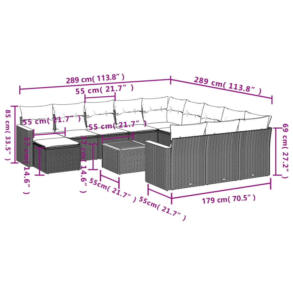 13 pcs conjunto sofás p/ jardim c/ almofadões vime PE cinzento