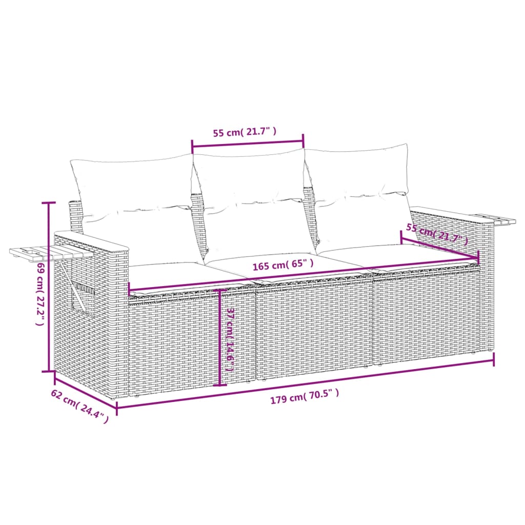 3 pcs conjunto sofás de jardim com almofadões vime PE preto