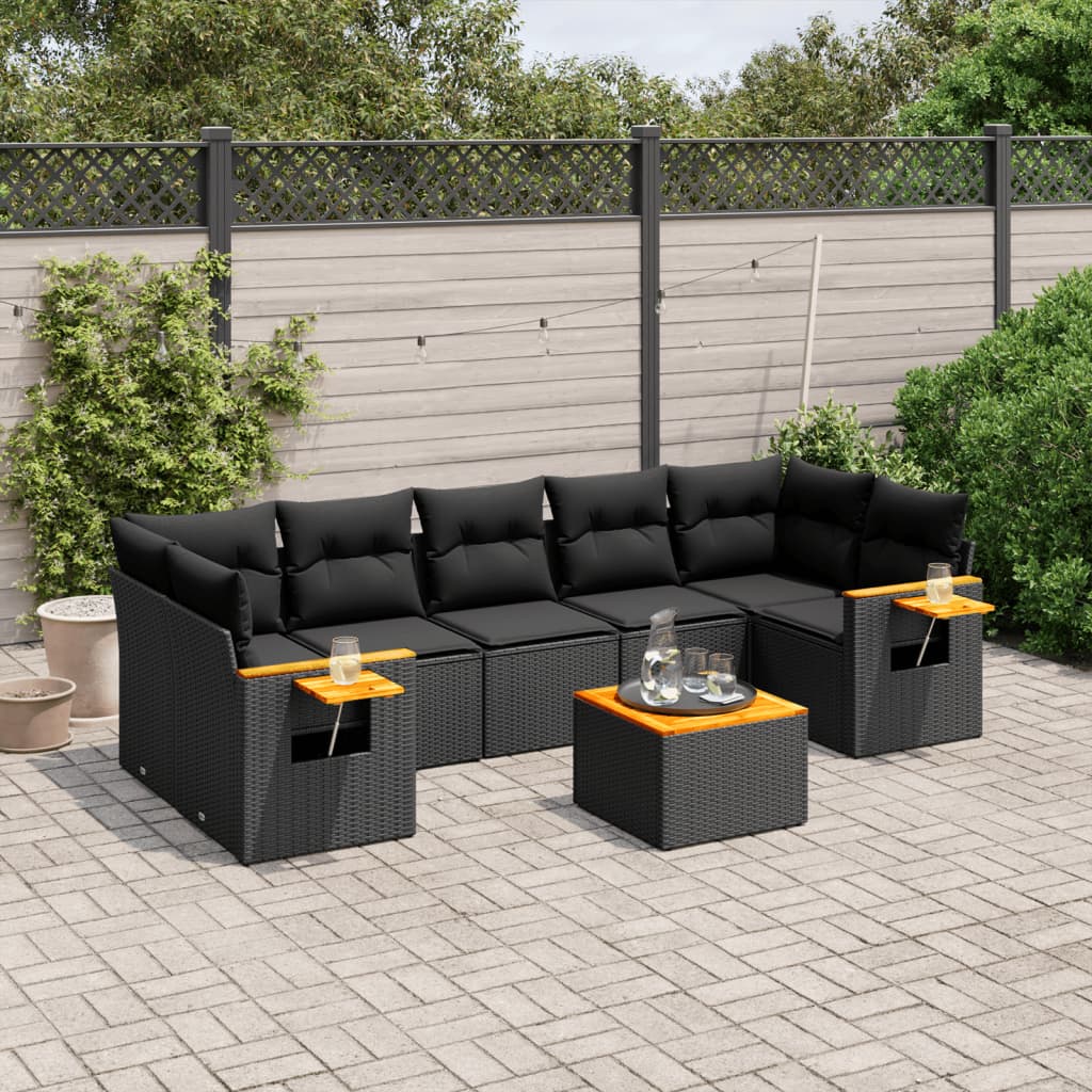 8 pcs conjunto sofás de jardim com almofadões vime PE preto