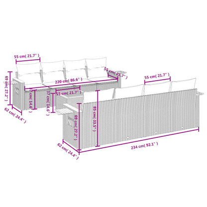 9 pcs conjunto de sofás p/ jardim com almofadões vime PE bege