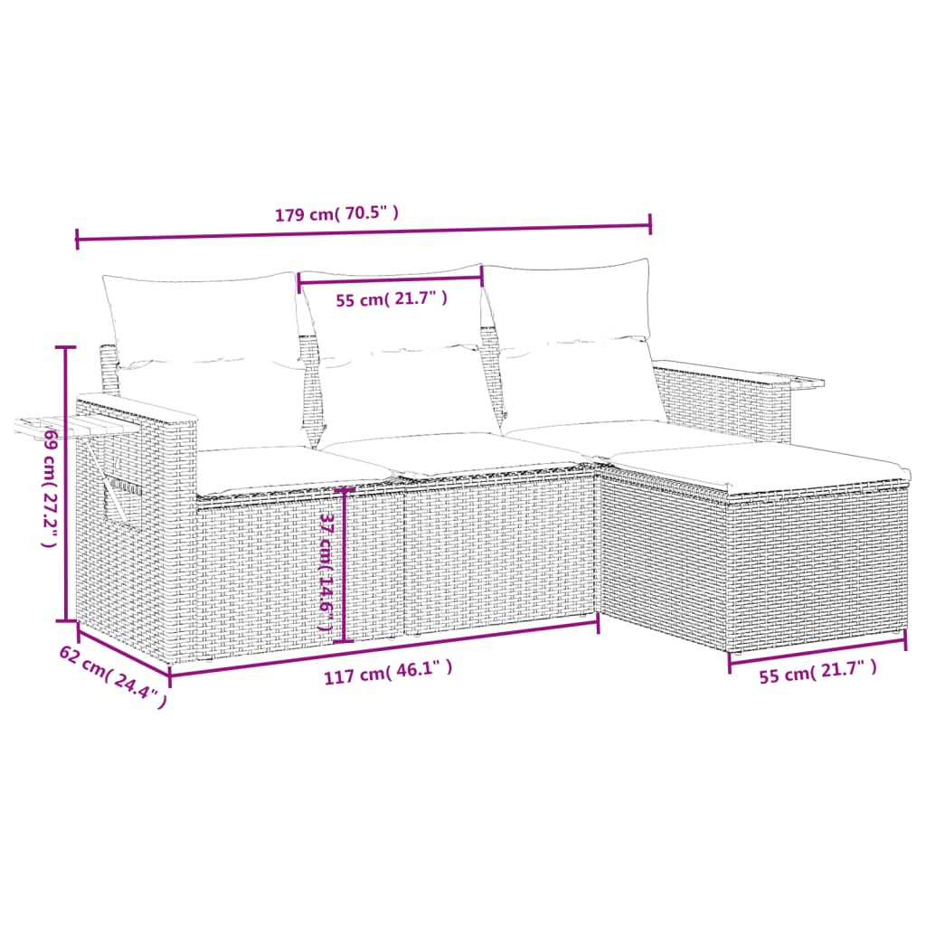 4 pcs conjunto de sofás para jardim c/ almofadões vime PE preto