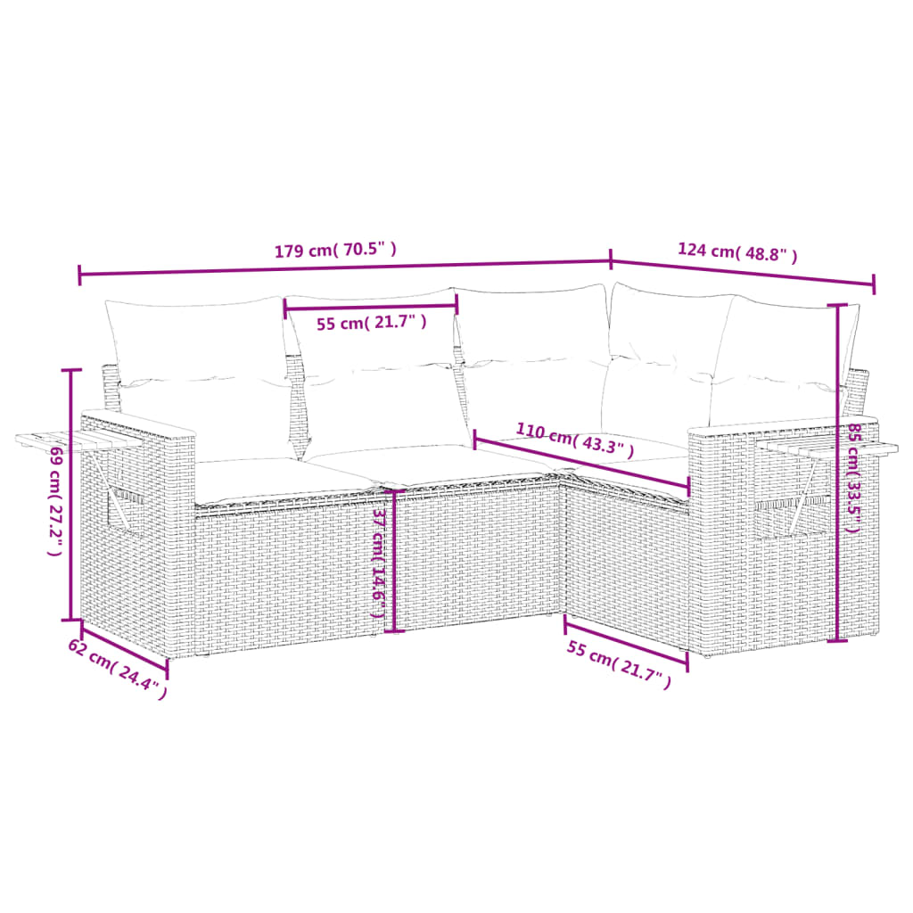 4 pcs conjunto de sofás para jardim c/ almofadões vime PE bege