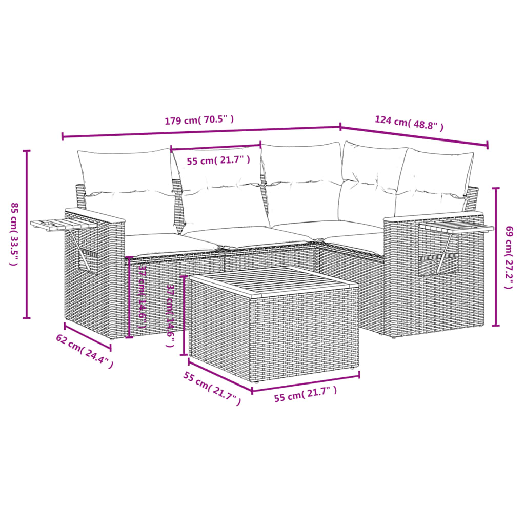 5 pcs conjunto sofás de jardim com almofadões vime PE preto