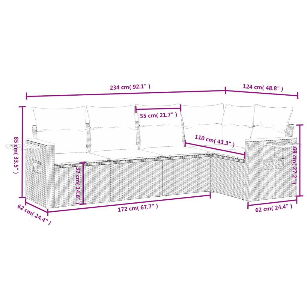 6 pcs conjunto sofás de jardim com almofadões vime cinzento