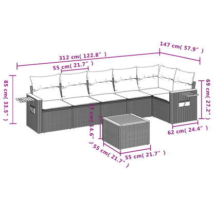 7 pcs conjunto de sofás p/ jardim com almofadões vime PE bege