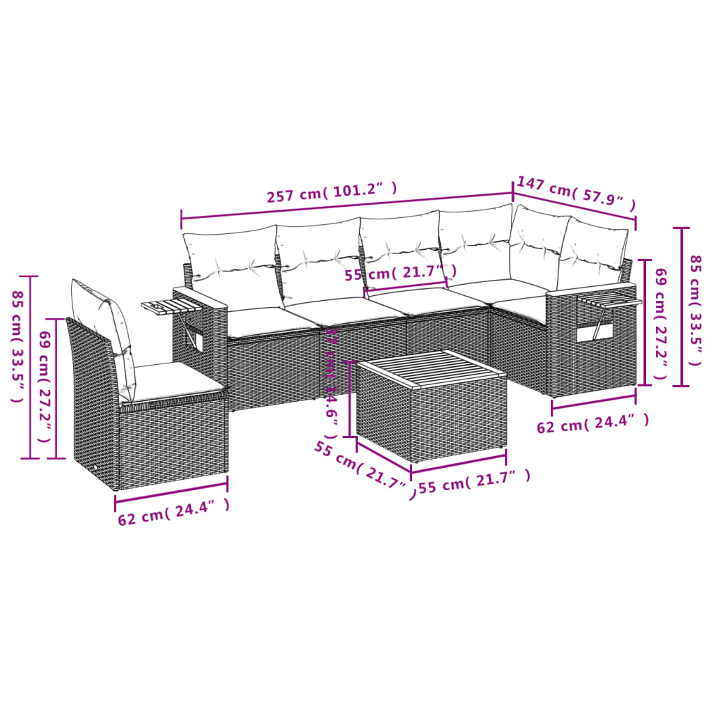 7 pcs conjunto de sofás p/ jardim com almofadões vime PE bege