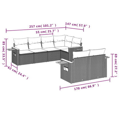 7 pcs conjunto sofás p/ jardim c/ almofadões vime PE cinzento