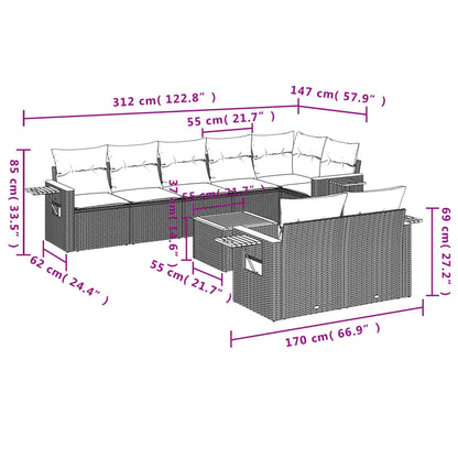 9 pcs conjunto de sofás p/ jardim c/ almofadões vime PE preto