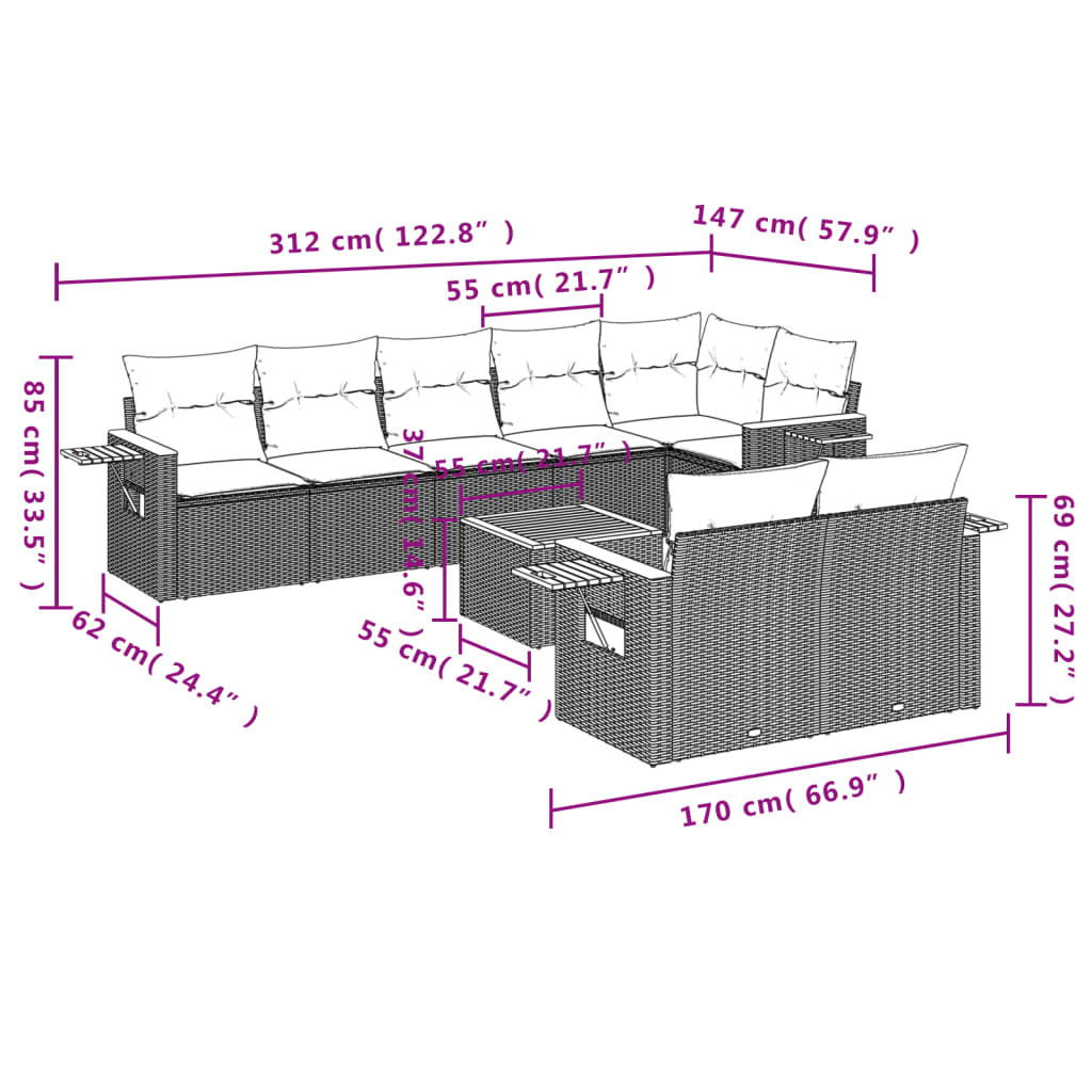 9 pcs conjunto de sofás p/ jardim com almofadões vime PE bege