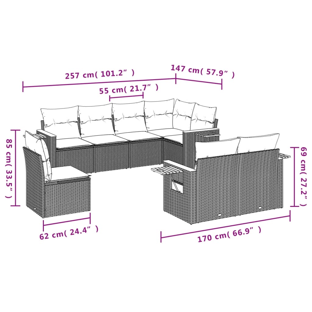 8 pcs conjunto sofás de jardim com almofadões vime PE preto