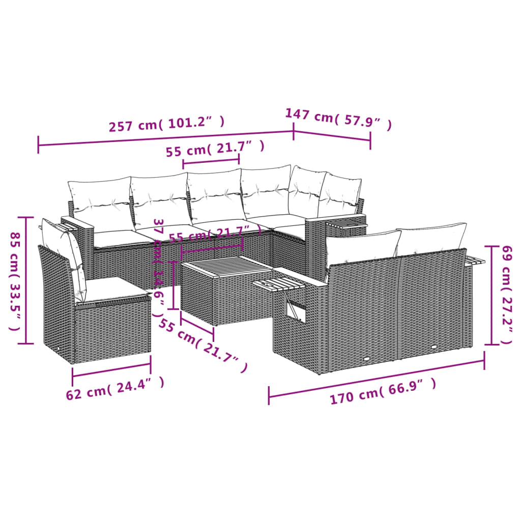 9 pcs conjunto de sofás p/ jardim c/ almofadões vime PE preto