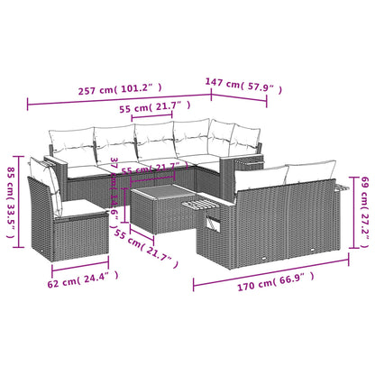 9 pcs conjunto de sofás p/ jardim com almofadões vime PE bege