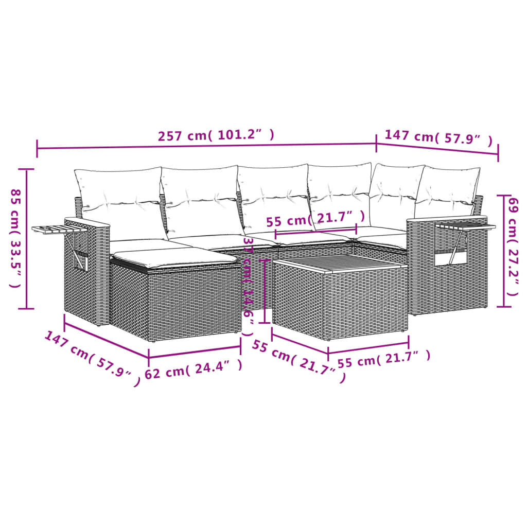 7 pcs conjunto sofás p/ jardim c/ almofadões vime PE cinzento