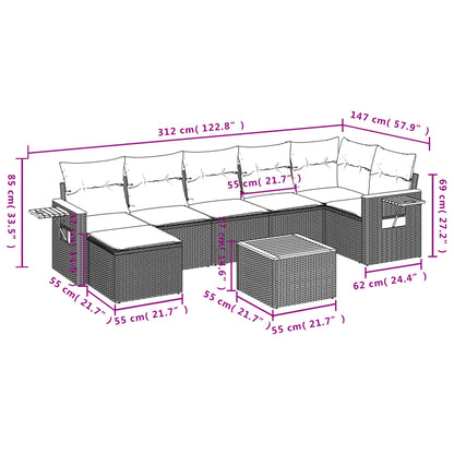 8 pcs conjunto sofás de jardim com almofadões vime PE preto