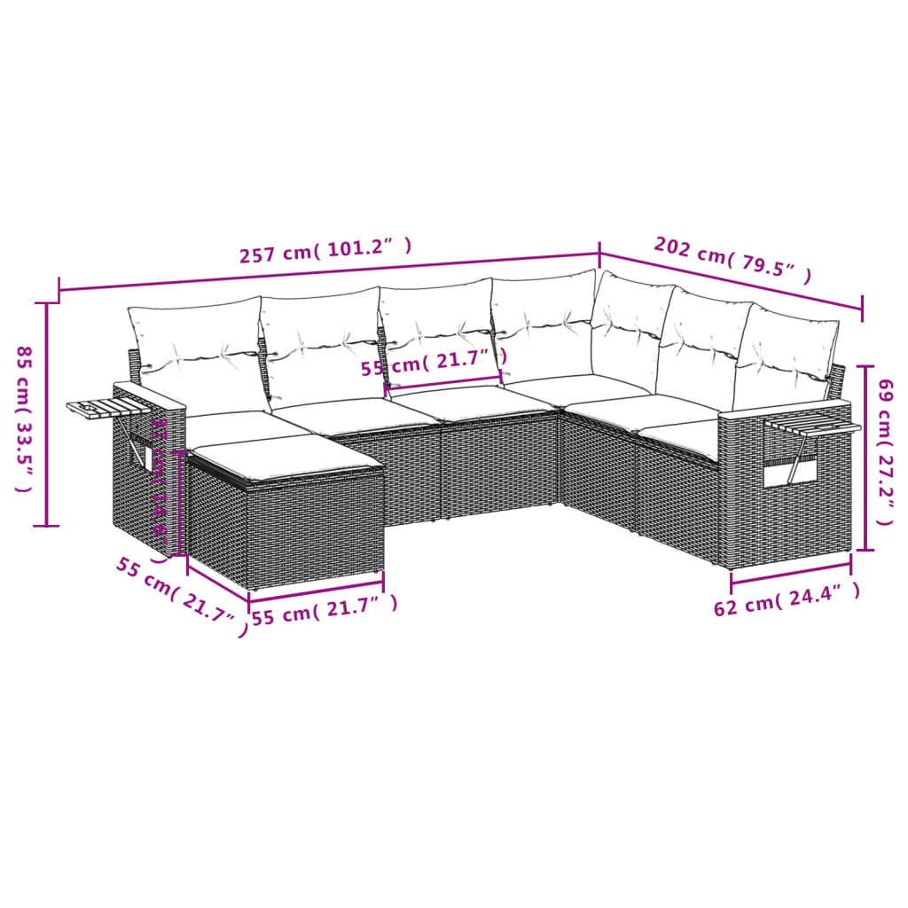 7 pcs conjunto sofás p/ jardim c/ almofadões vime PE cinzento