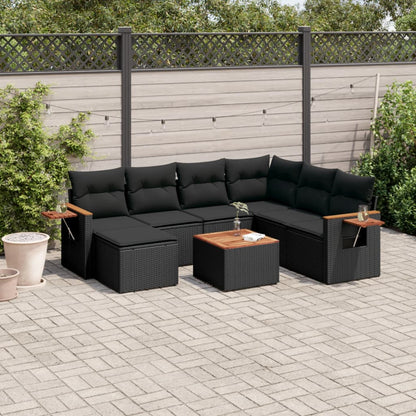 8 pcs conjunto sofás de jardim com almofadões vime PE preto