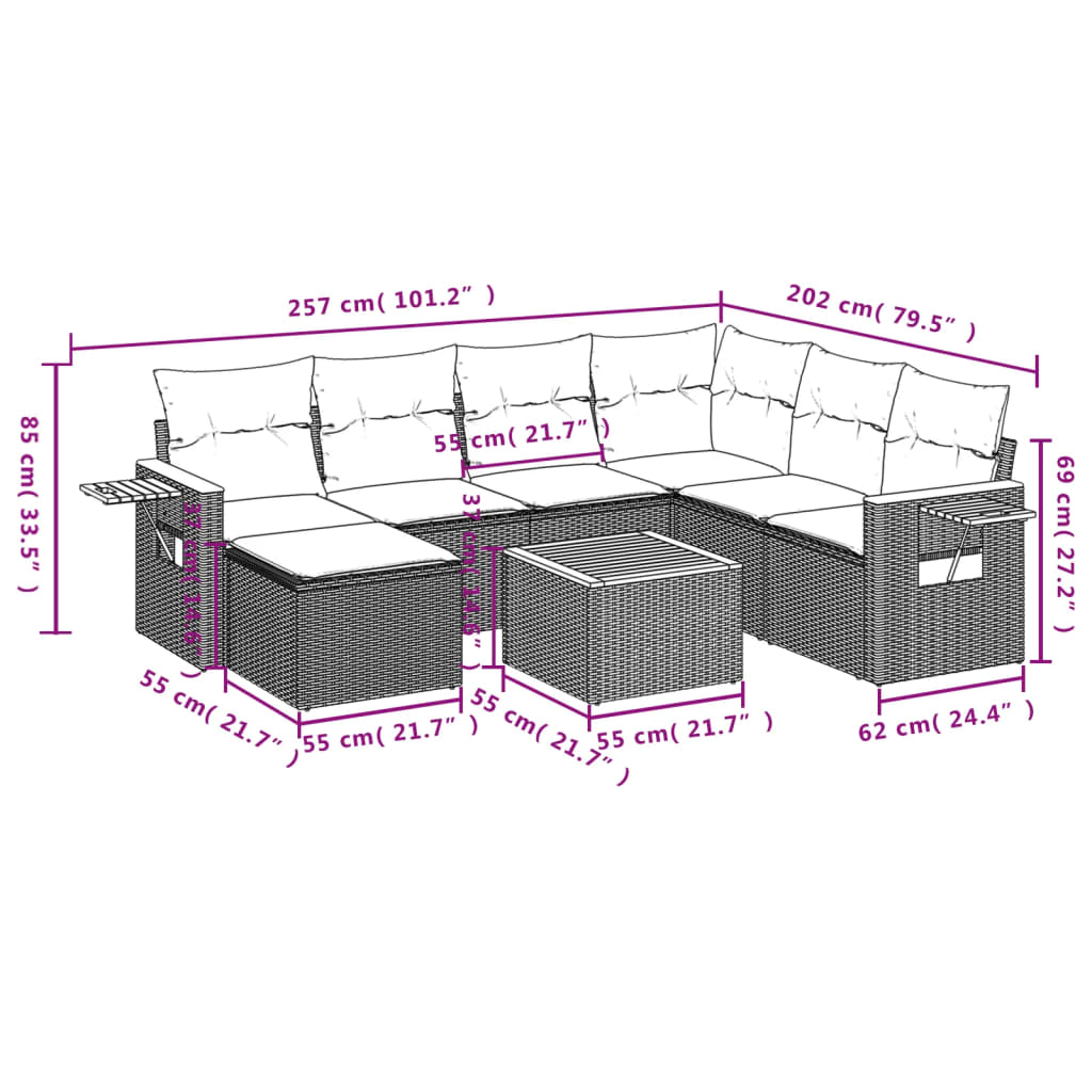 8 pcs conjunto sofás de jardim c/ almofadões vime PE cinzento