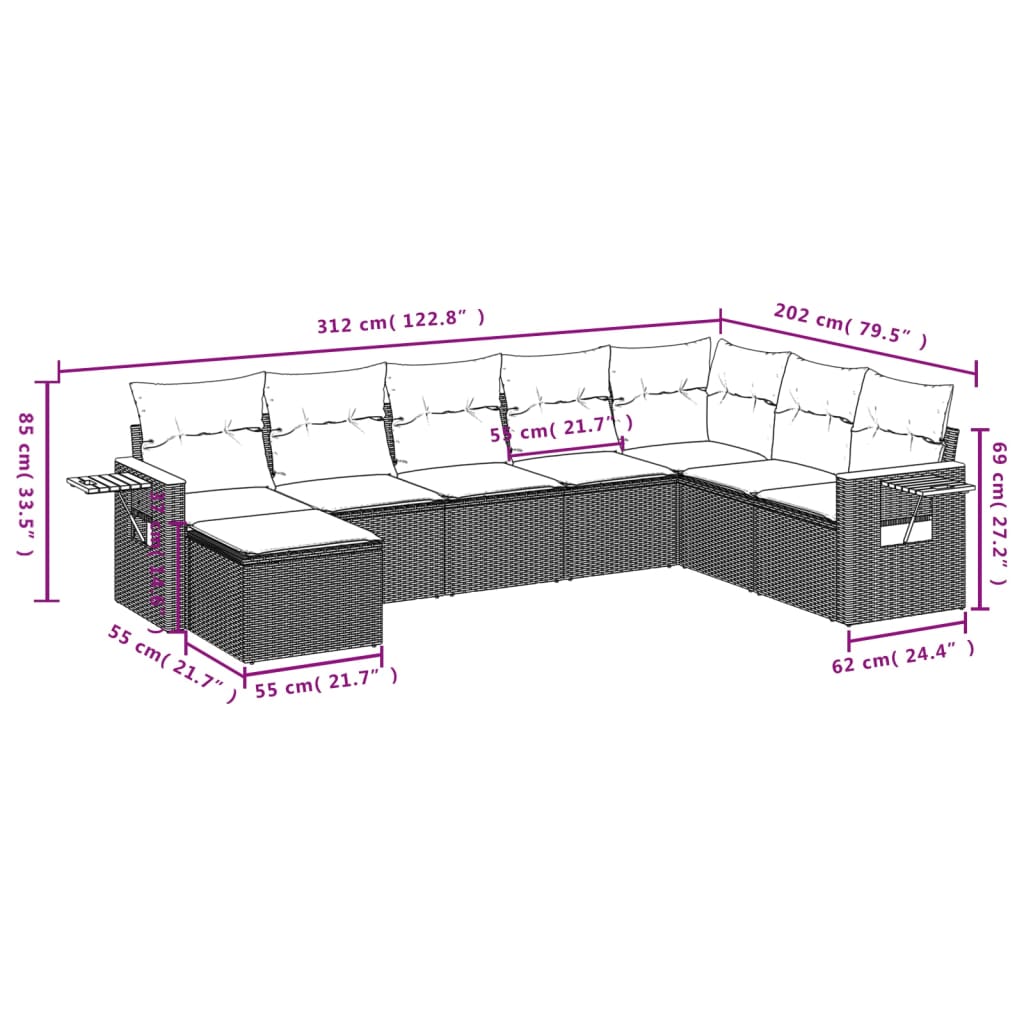 8 pcs conjunto sofás de jardim com almofadões vime PE preto