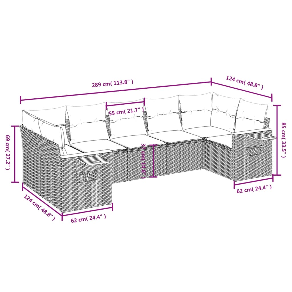 7 pcs conjunto de sofás p/ jardim c/ almofadões vime PE preto