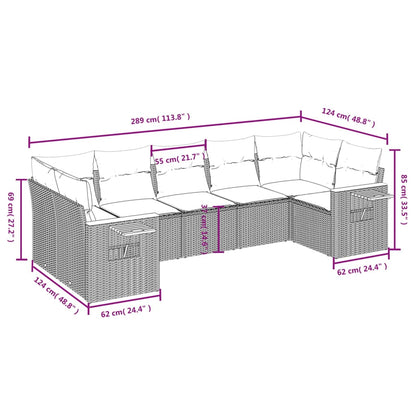 7 pcs conjunto de sofás p/ jardim c/ almofadões vime PE preto