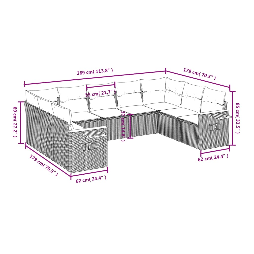 9 pcs conjunto sofás p/ jardim com almofadões vime PE cinzento