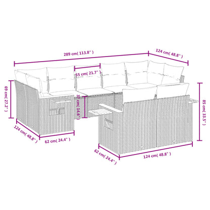 9 pcs conjunto de sofás p/ jardim com almofadões vime PE bege