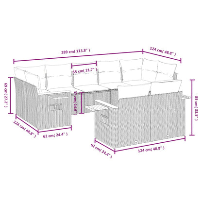 9 pcs conjunto sofás p/ jardim com almofadões vime PE cinzento