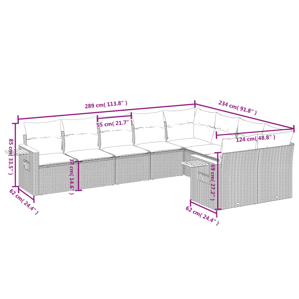 9 pcs conjunto de sofás p/ jardim c/ almofadões vime PE preto