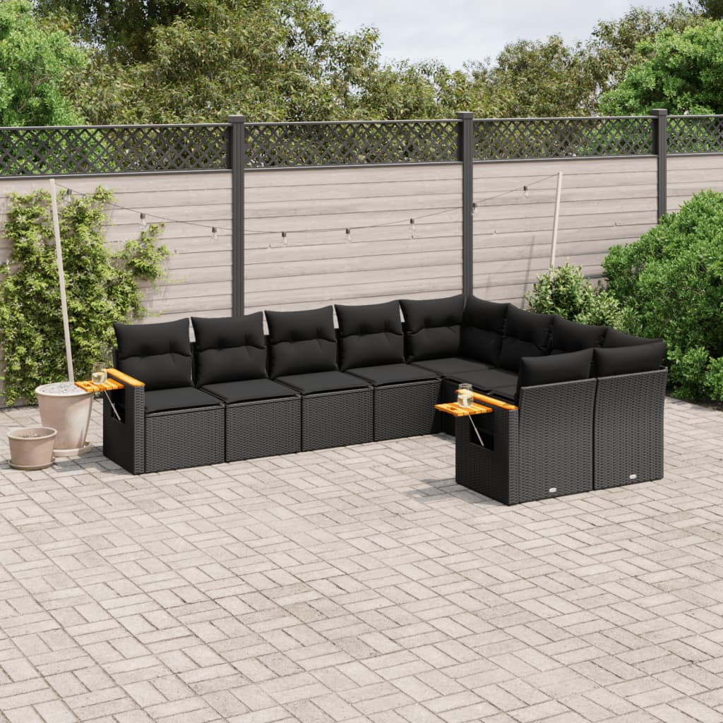 9 pcs conjunto de sofás p/ jardim c/ almofadões vime PE preto