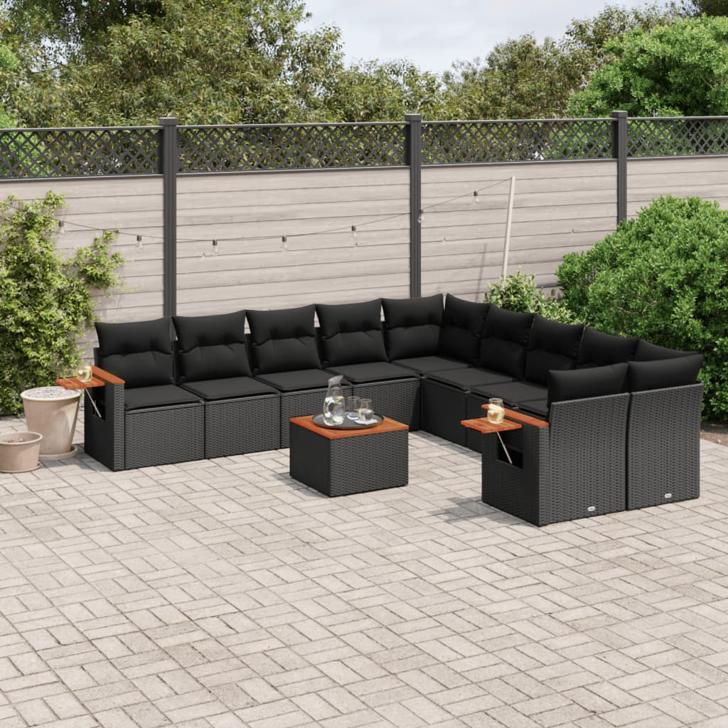 11 pcs conjunto sofás de jardim c/ almofadões vime PE preto