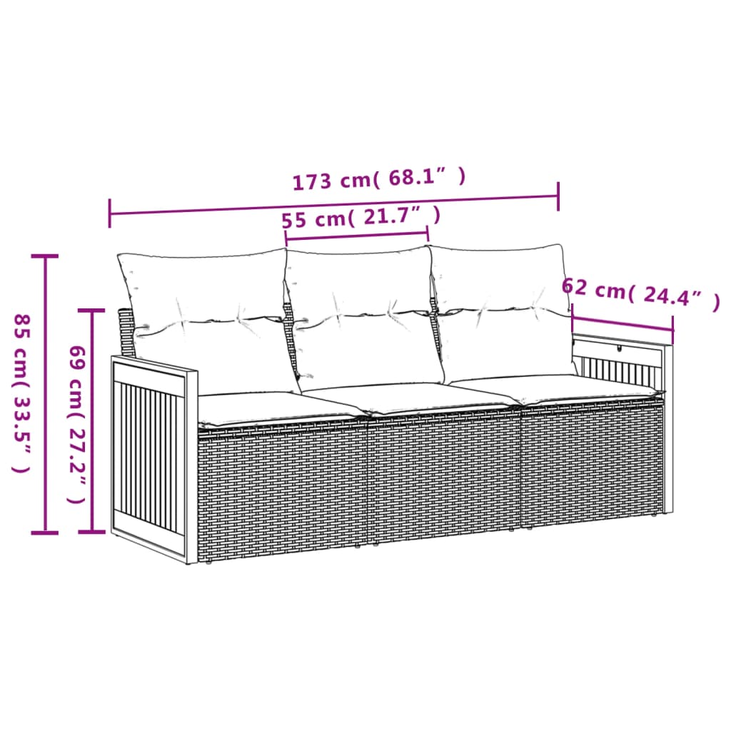 3 pcs conjunto sofás de jardim c/ almofadões vime PE cinzento