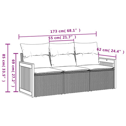 3 pcs conjunto sofás de jardim c/ almofadões vime PE cinzento