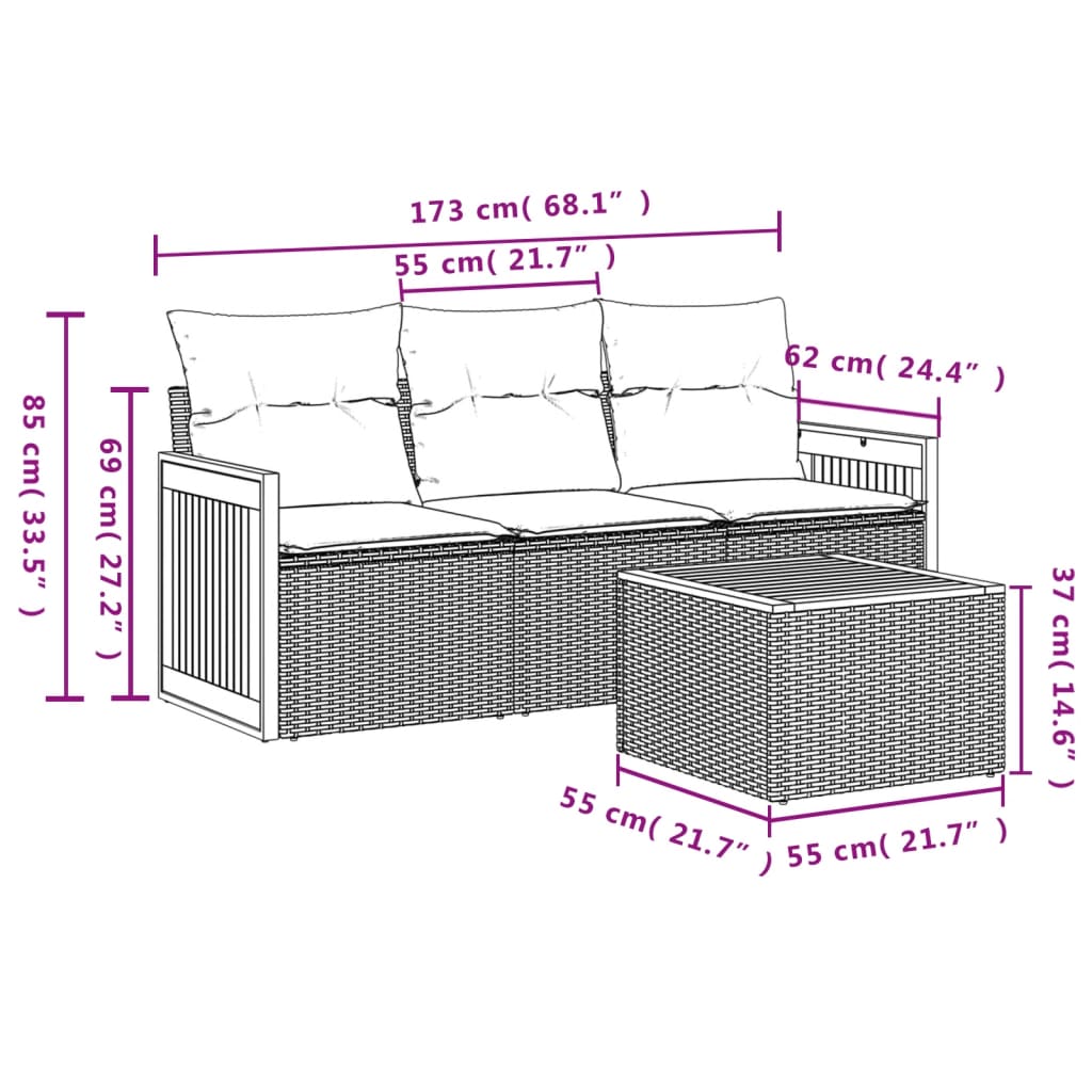 4 pcs conjunto de sofás para jardim c/ almofadões vime PE bege