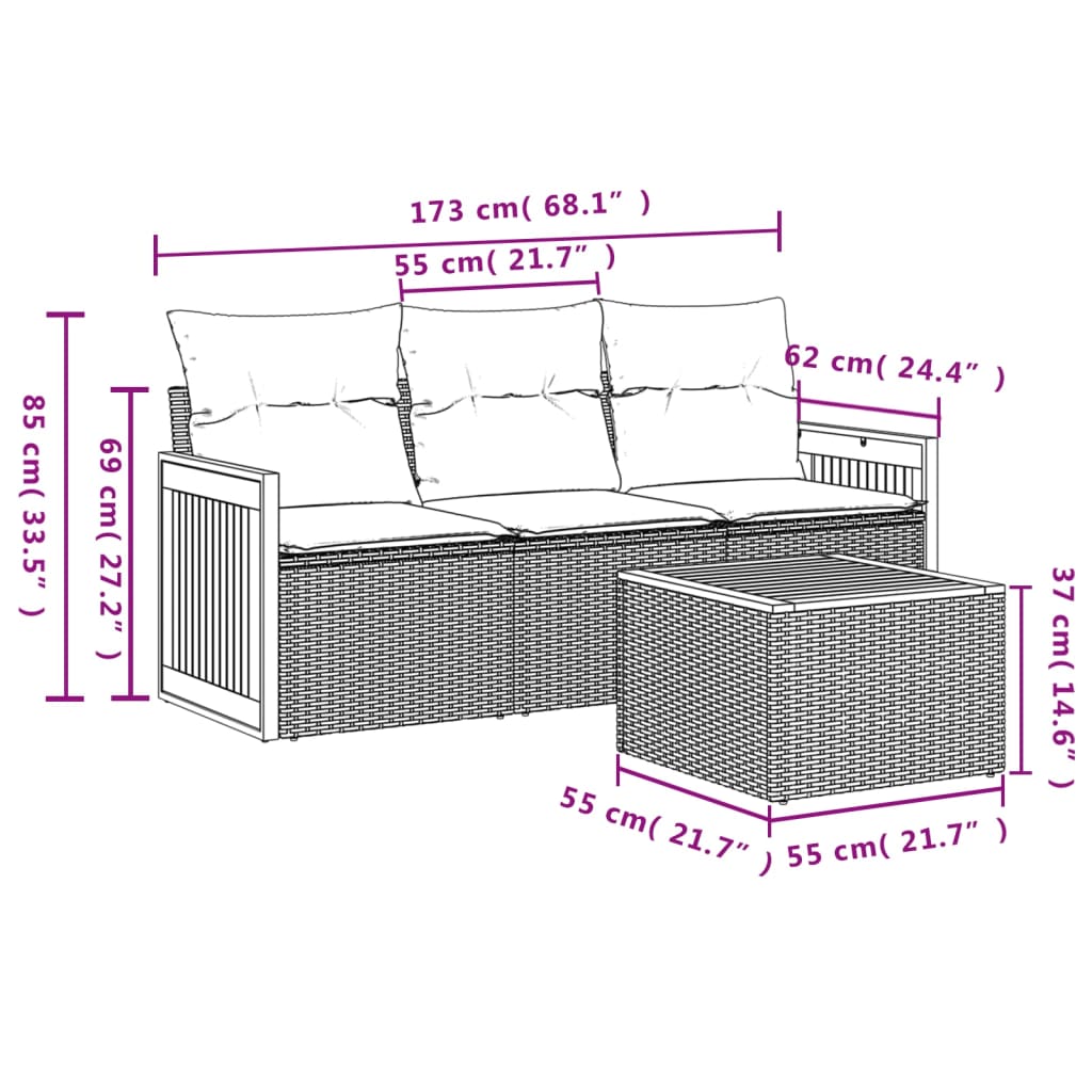 4 pcs conjunto sofás de jardim c/ almofadões vime PE cinzento