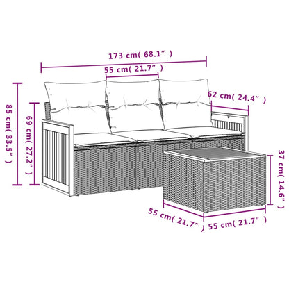 4 pcs conjunto sofás de jardim c/ almofadões vime PE cinzento