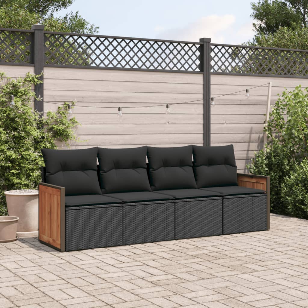 4 pcs conjunto de sofás para jardim c/ almofadões vime PE preto