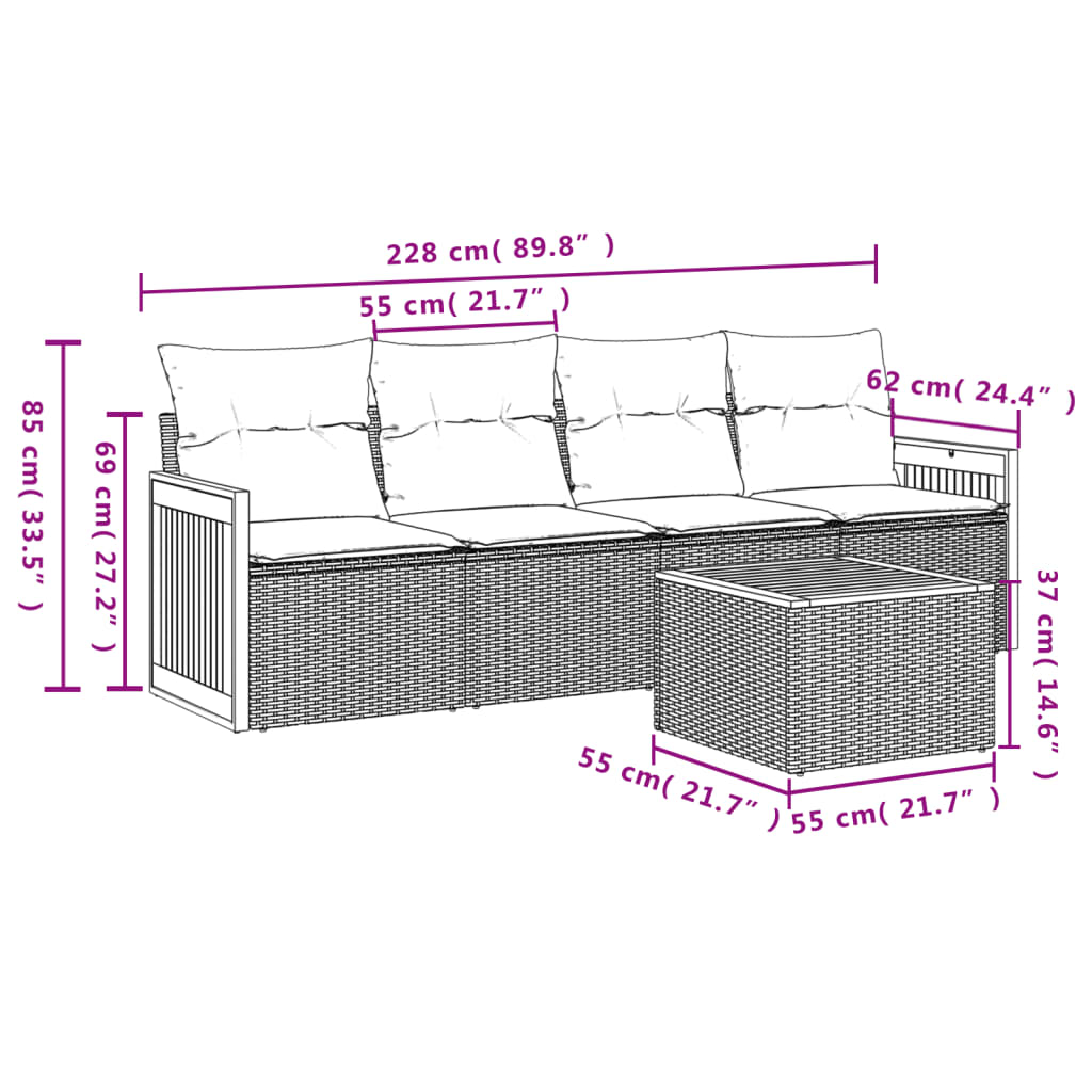 5 pcs conjunto sofás de jardim com almofadões vime PE preto