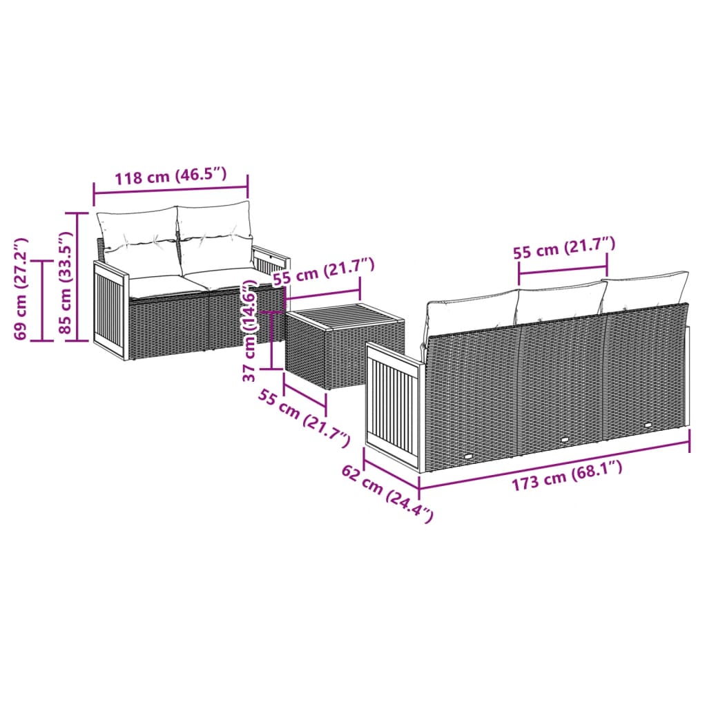 6 pcs conjunto sofás de jardim com almofadões vime cinzento