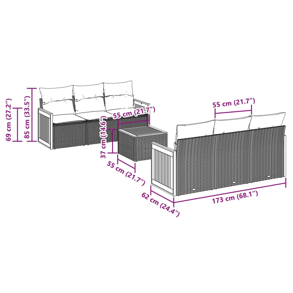 7 pcs conjunto de sofás p/ jardim com almofadões vime PE bege