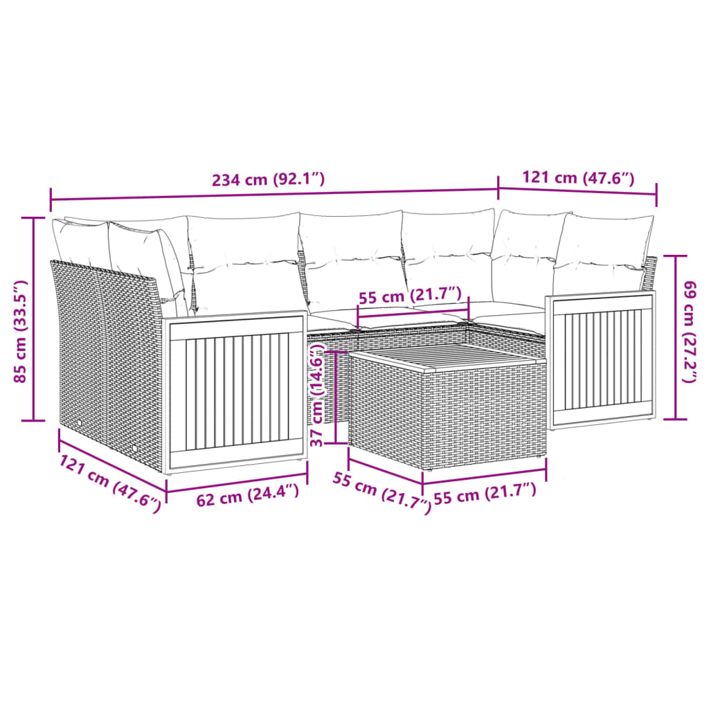 7 pcs conjunto de sofás p/ jardim c/ almofadões vime PE preto