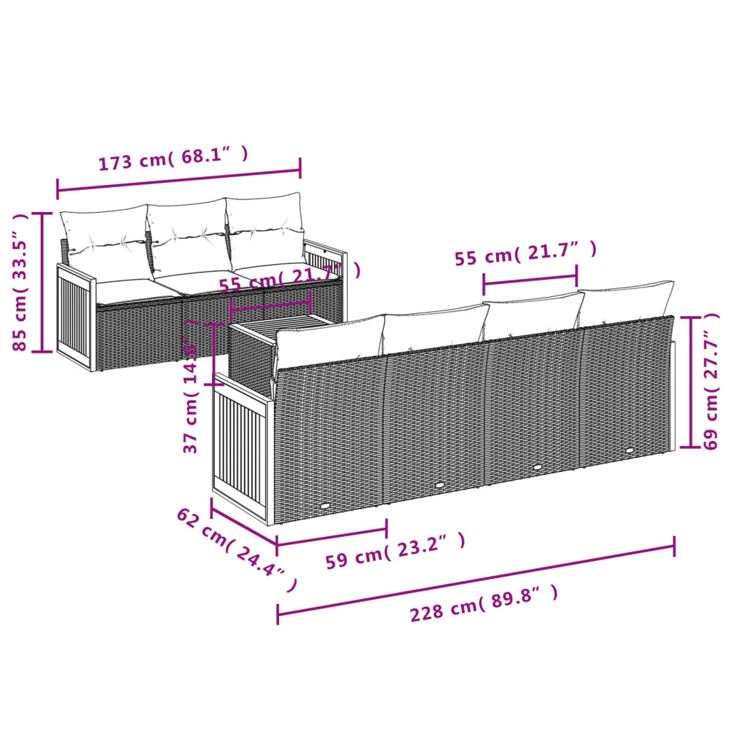 8 pcs conjunto de sofás p/ jardim com almofadões vime PE bege