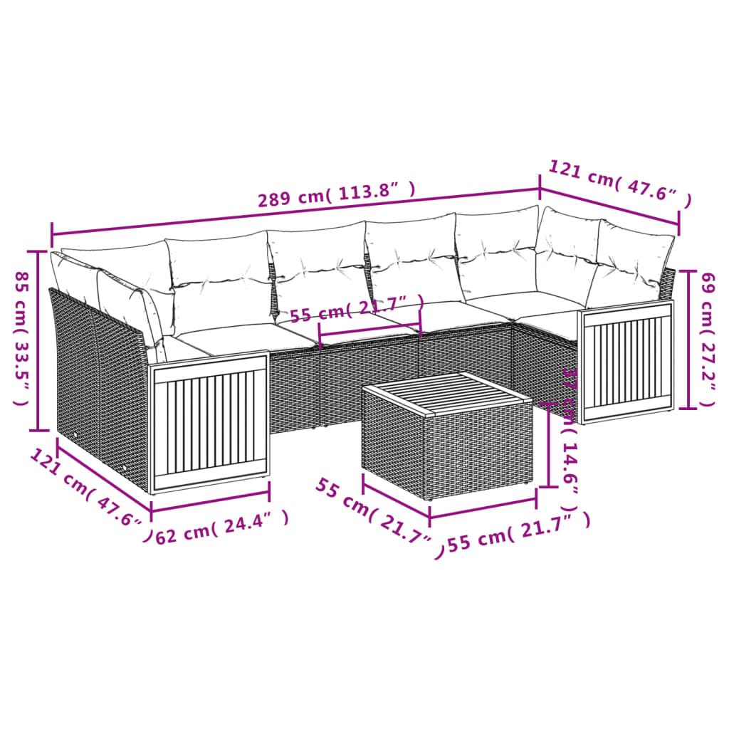 8 pcs conjunto de sofás p/ jardim com almofadões vime PE bege