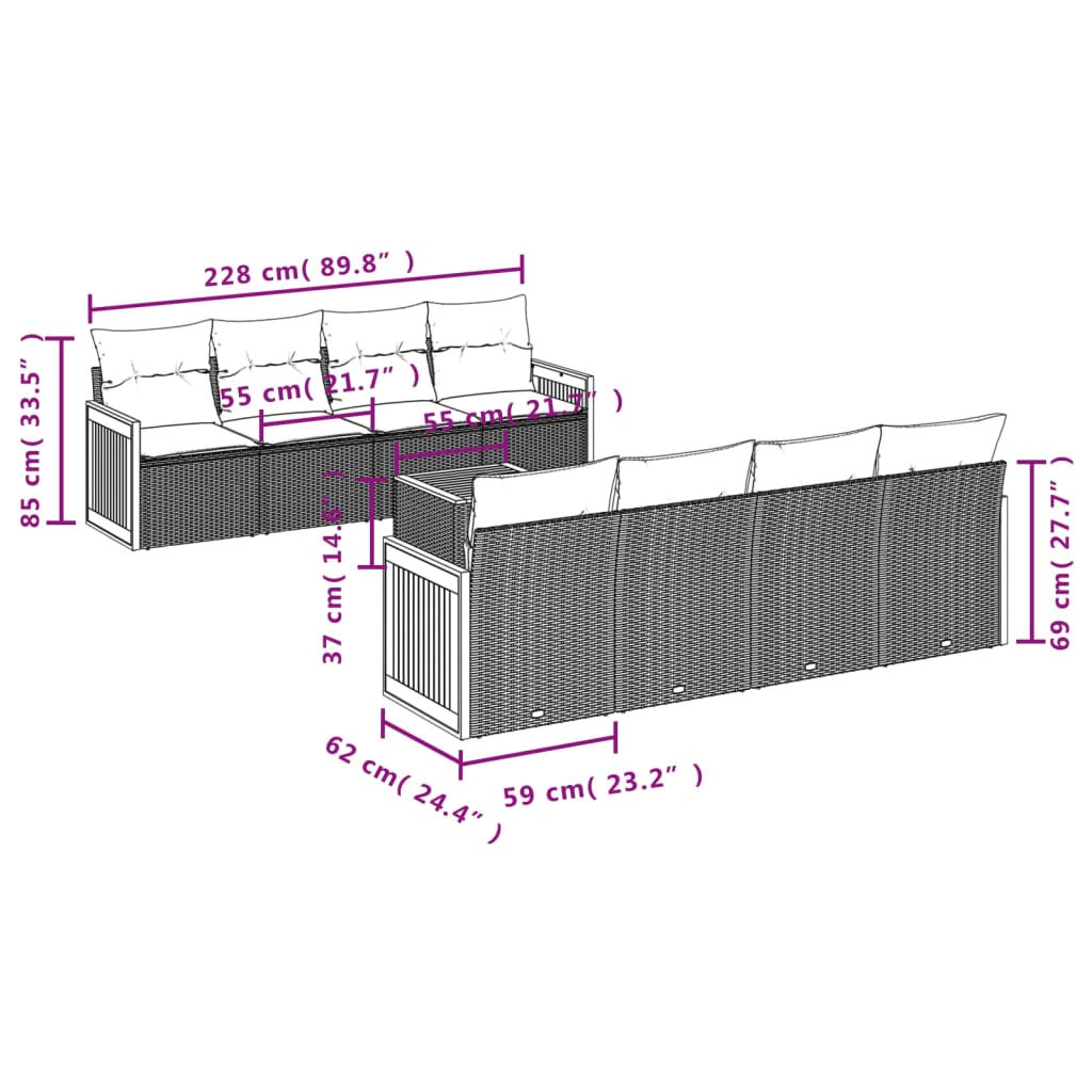 9 pcs conjunto de sofás p/ jardim c/ almofadões vime PE preto