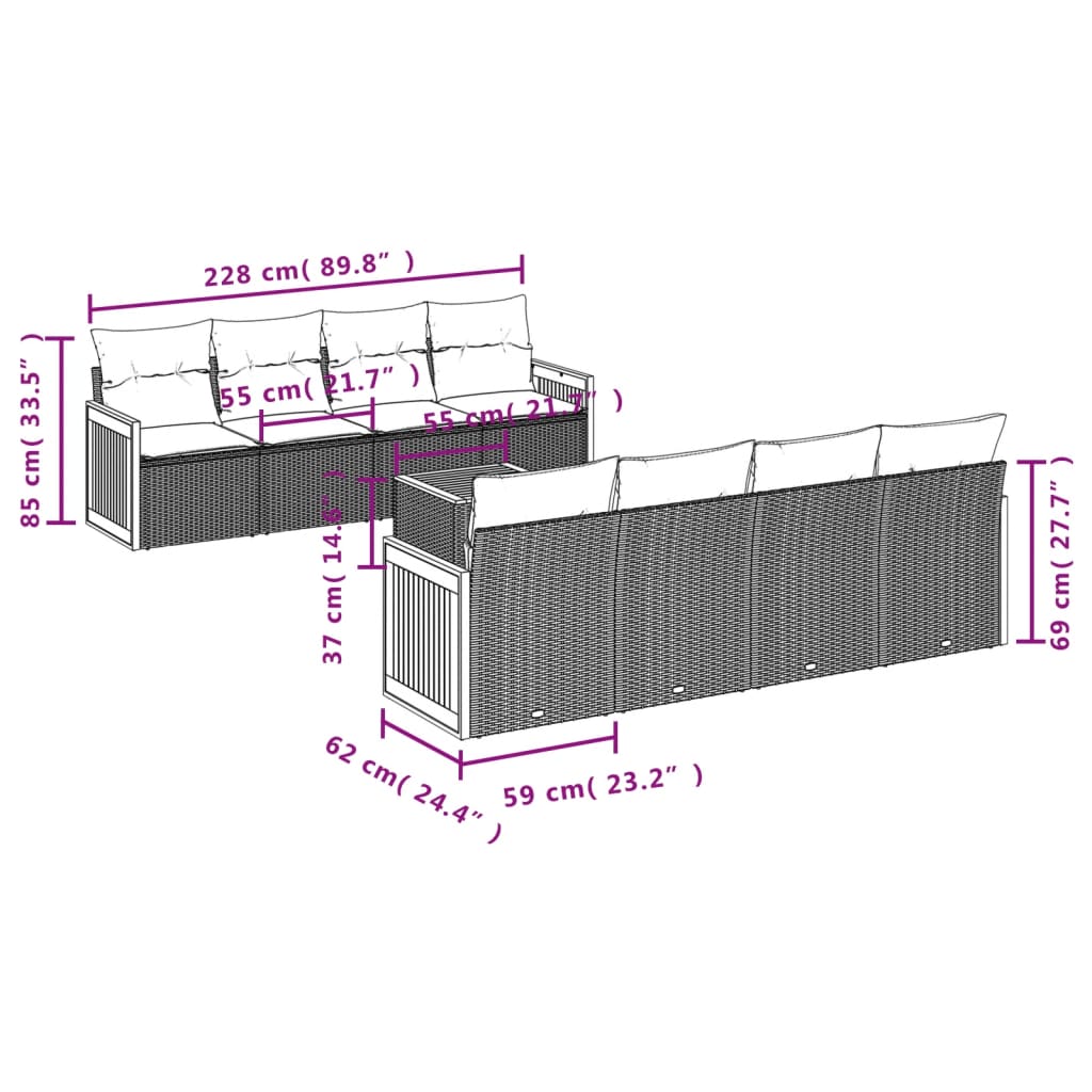 9 pcs conjunto de sofás p/ jardim com almofadões vime PE bege