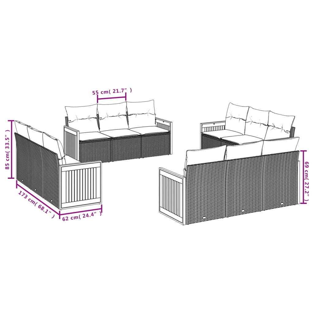 12 pcs conjunto de sofás p/ jardim com almofadões vime PE bege