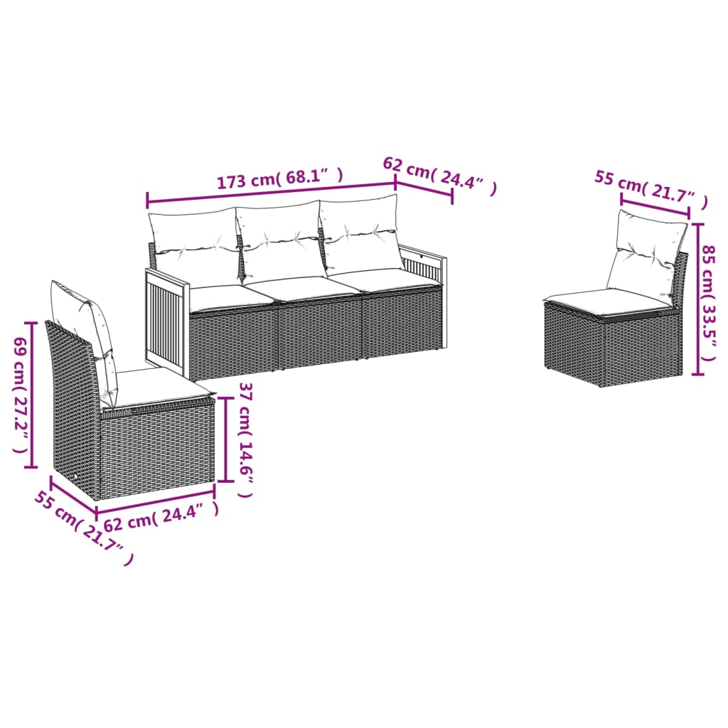 5 pcs conjunto sofás de jardim com almofadões vime PE preto