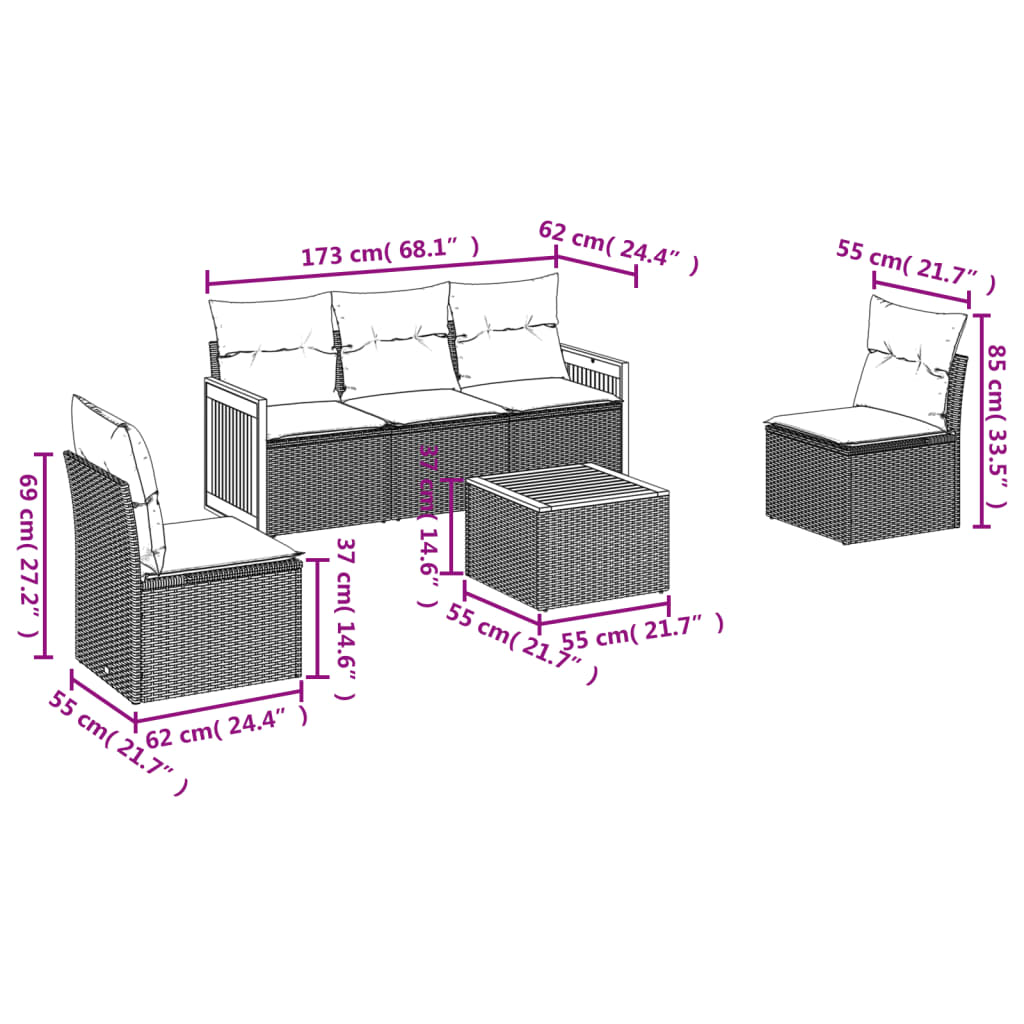 6 pcs conjunto sofás de jardim com almofadões vime cinzento