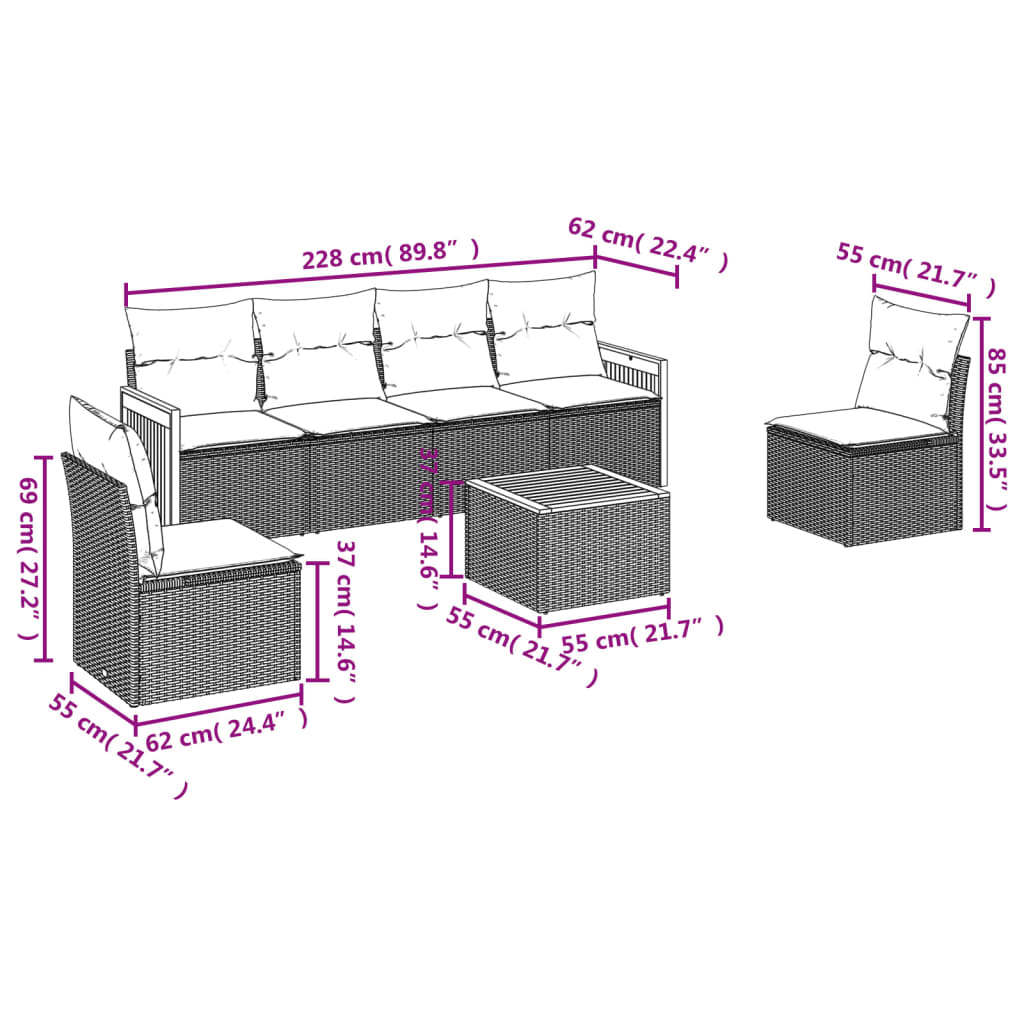 7 pcs conjunto de sofás p/ jardim c/ almofadões vime PE preto