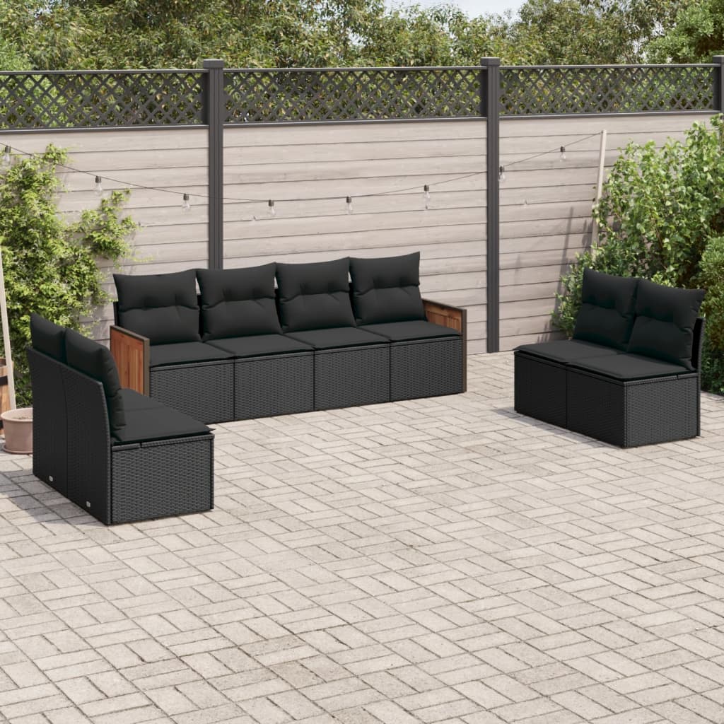 8 pcs conjunto sofás de jardim com almofadões vime PE preto